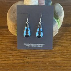 Navajo Turquoise, Onyx, Opal And Sterling Silver Inlay Dangle Earrings