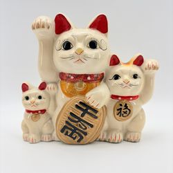 Vintage Japanese Maneki Neko Triple Family Good Fortune Cat Figurine Coin Bank
