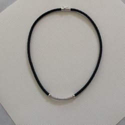 Sterling Silver Leather Diamond Necklace 18”