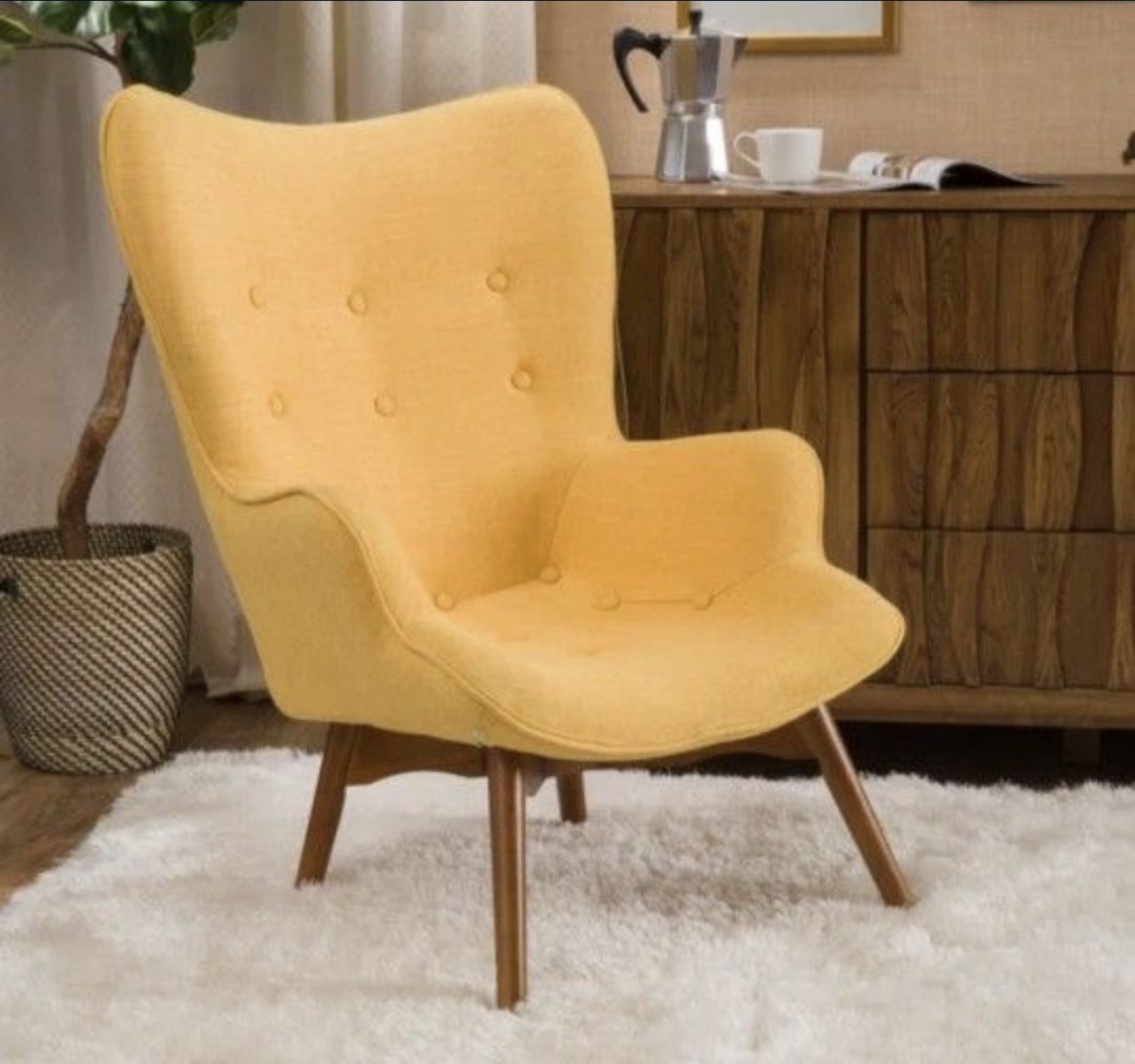 Yellow Mid-Century Modern fabric contour Wingback Chair   