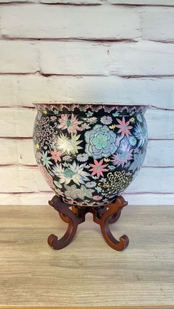 Chinese Floral Koi Fishbowl Planter 18”