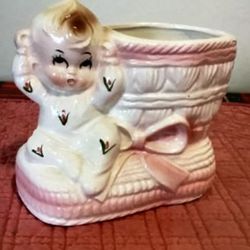 Vintage Rubens Ceramic Baby Girl On Bootie Shoe Planter