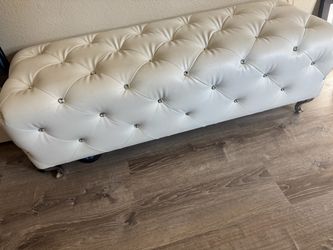 White Tufted Faux Leather Bench with Crystal Buttons