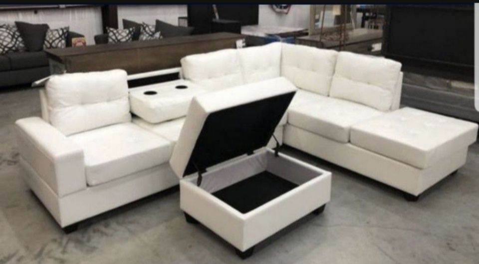 New White Faux Leather Sectional With Ottoman Free Delivery 