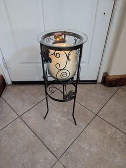Metal Grape Leaf Floor Candle Holder with Glass Hurricane and battery candle