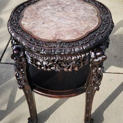 Antique Round Tall Carved Rosewood Marble Table
