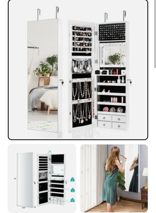 Slickblue 47-Inch Lockable Full-Length Mirror Jewelry Cabinet - Wall Mounted