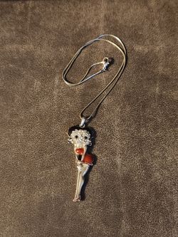 Vintage Betty Boop Classic Red Dress Necklace Clear Pendant Silver Tone