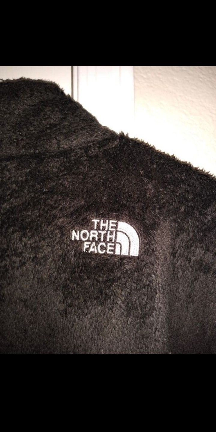 North Face brand women size large black zip up jacket coat fleece fur-like