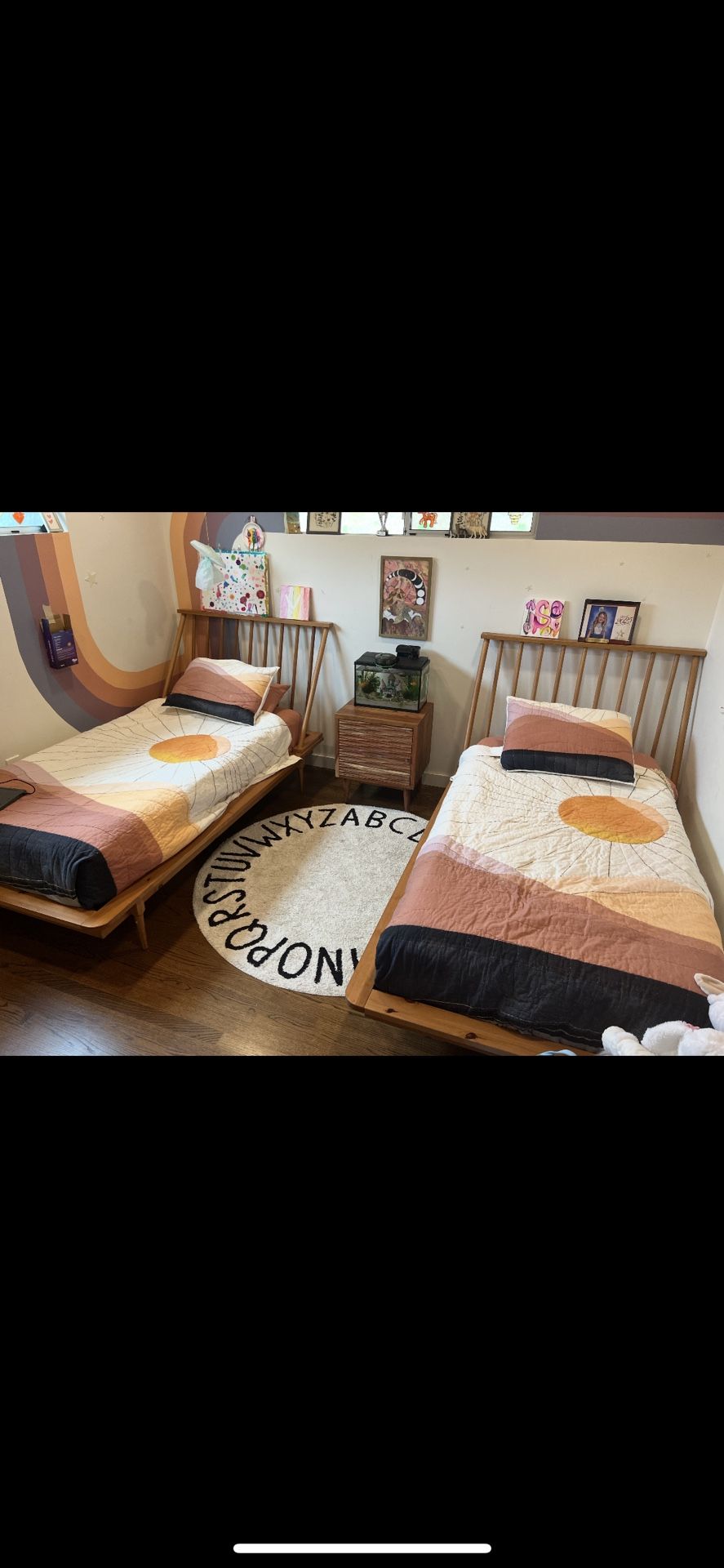 Two Mid-Century Modern Twin Slatted Wood Bed Frames