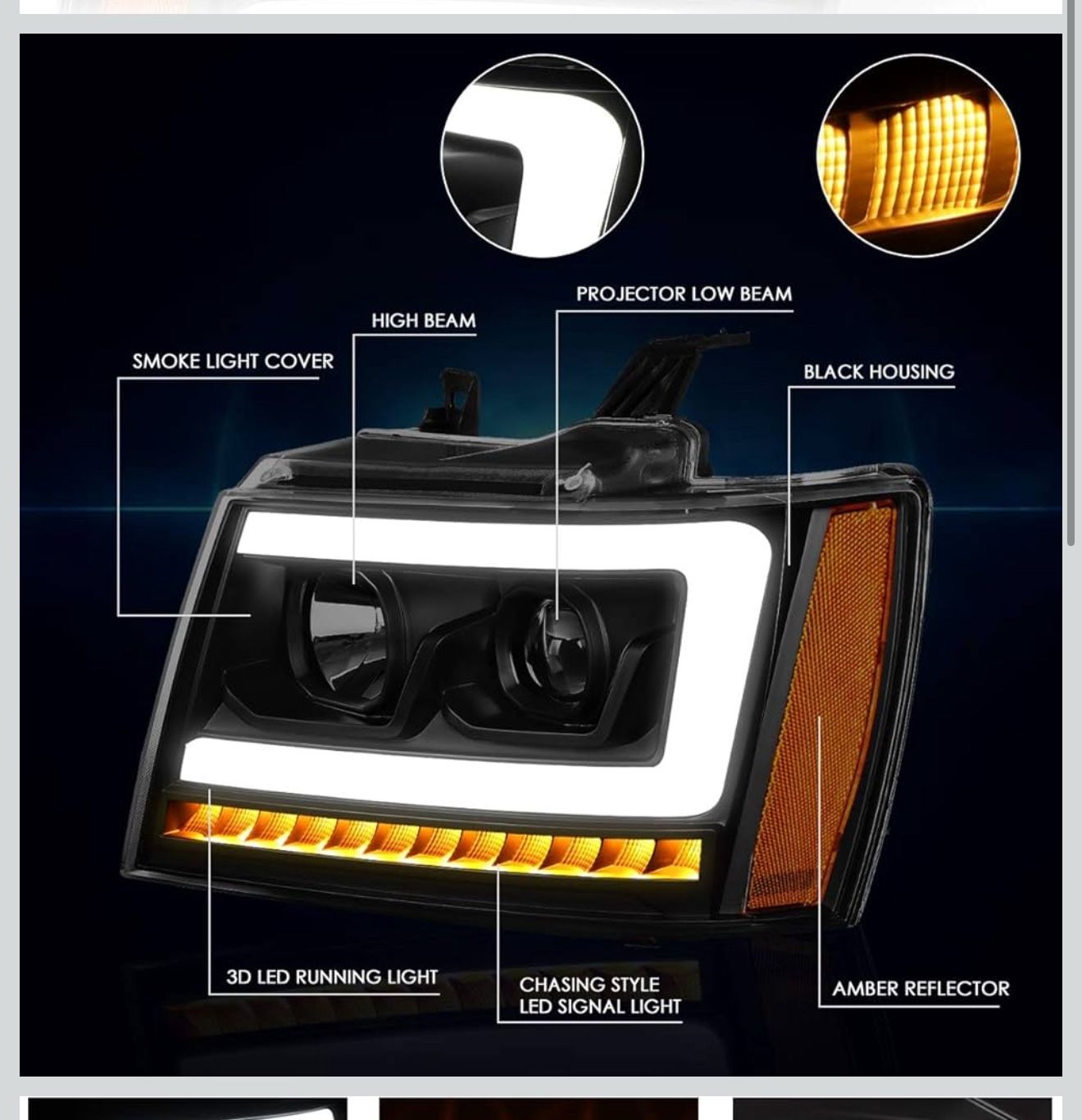 New in box PM PERFORMOTOR Black Smoked Housing amber Corner C-Shape LED Light Projector Headlights Compatible with 07-13 Avalanche Suburban 2500/07-14