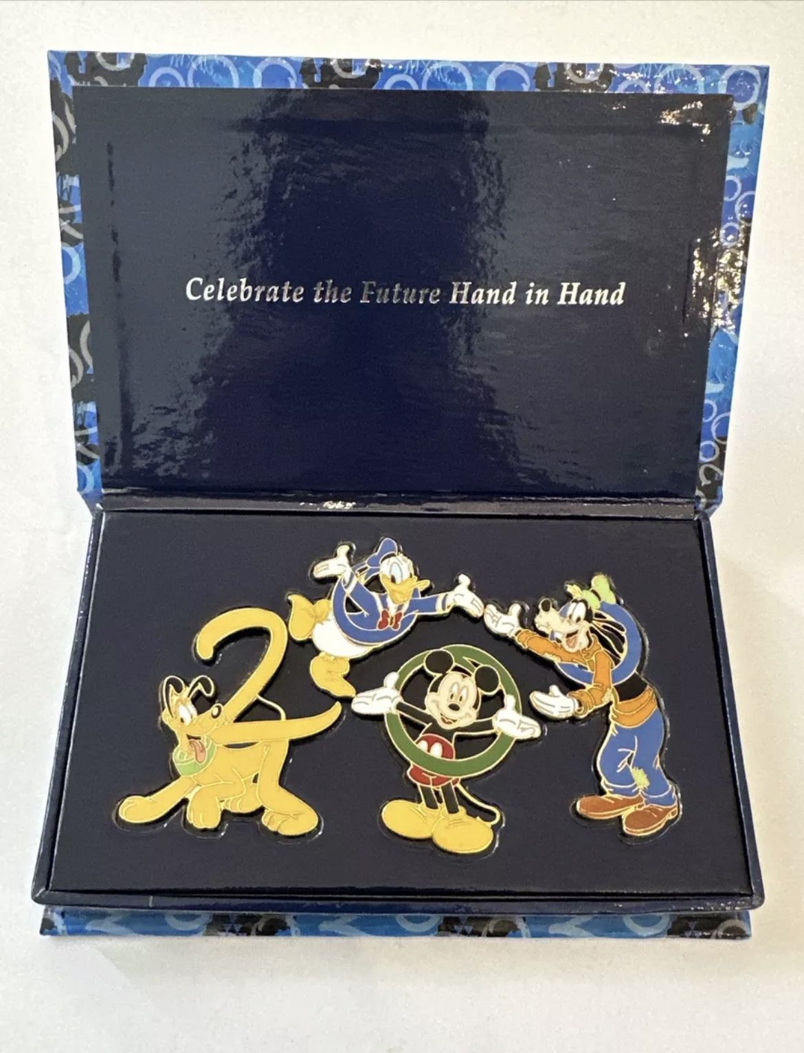 Vintage Disney World Pin 4 Piece Enamel Pin Box Set Celebrate The Future Hand In