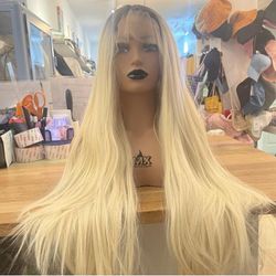 human hair blend lace front platinum blonde wig.