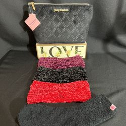 Juicy Couture Black Makeup Bag+Black Matching Fuzzy Socks+3 Crochet Twisted Knot Headbands(Colors Of Your Choice)