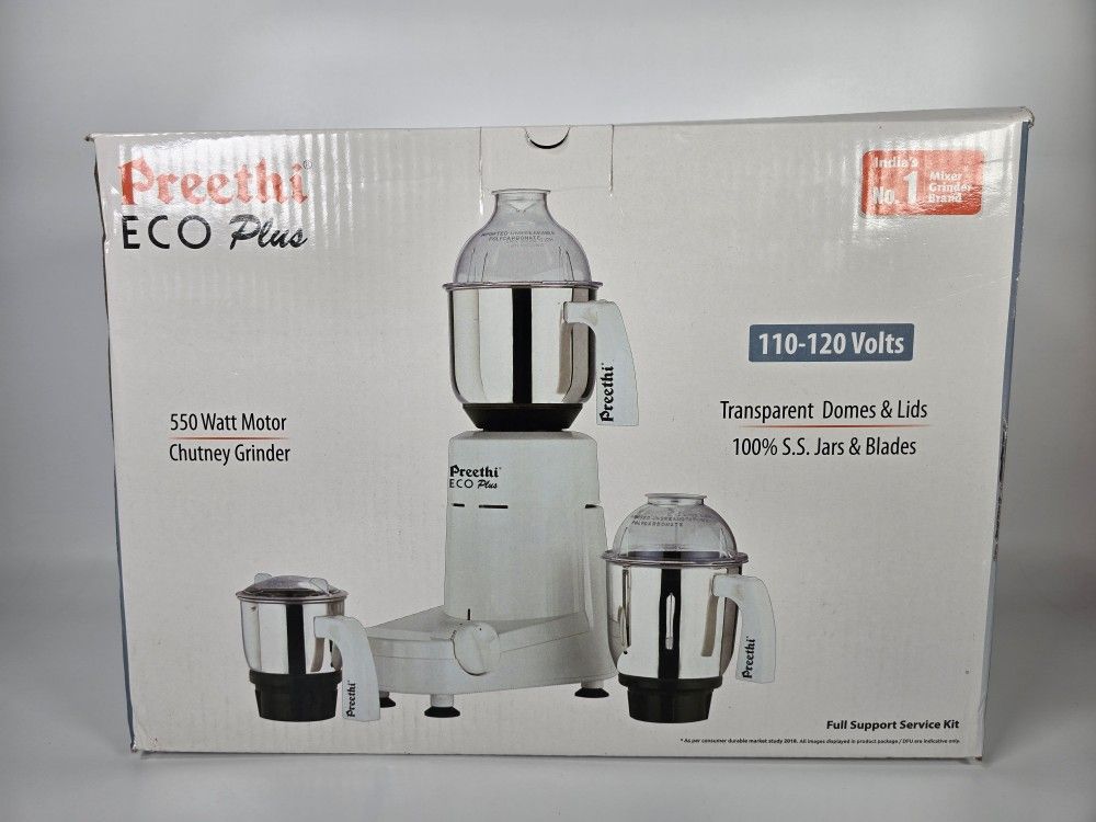 Preethi Eco Plus Mixer Grinder 110-Volt for use in USA/Canada, White, 3-Jars