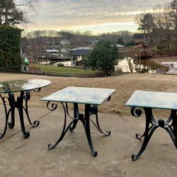 Set Of 3 Heavy Iron And Glass Side Tables 
