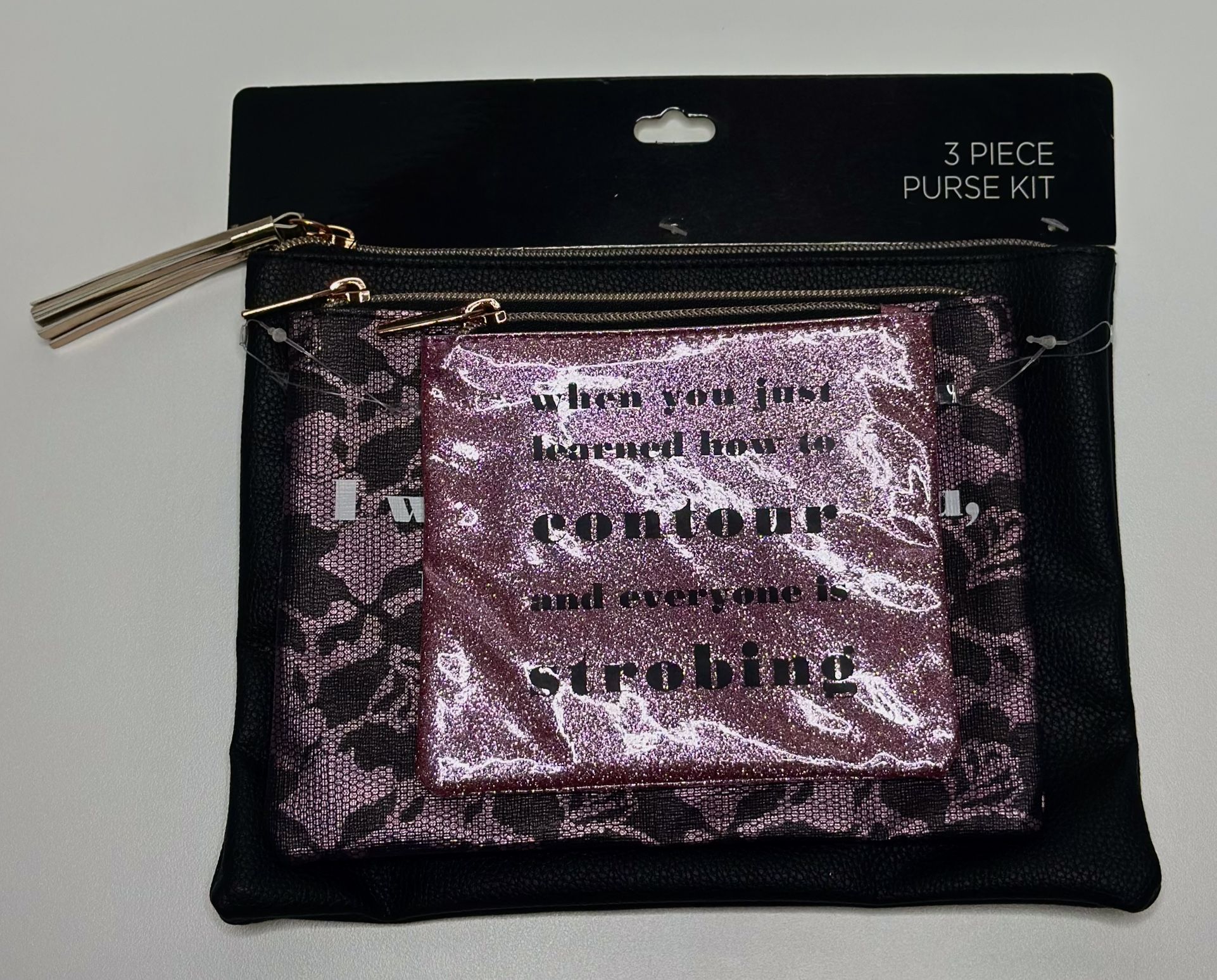 NEW 3PC Makeup Quote Cosmetic Bag Set Glitter Contour Faux Leather Pouch Kit