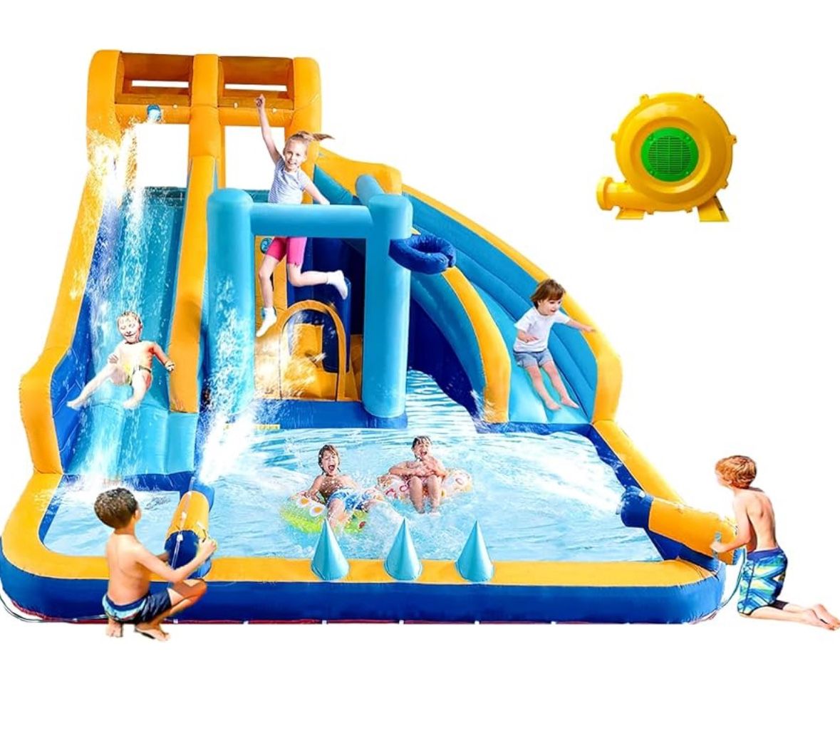 Inflatable Double Water Slide for Kids 3-10, 13.1x13.1x7.6 FT Bounce House Water Park with Long Dual Slides, Large Splash Pool, Climbing Wall, Jumping