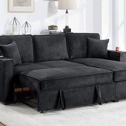 Black Sectional Sofa Pullout Bed & Storage New In Box