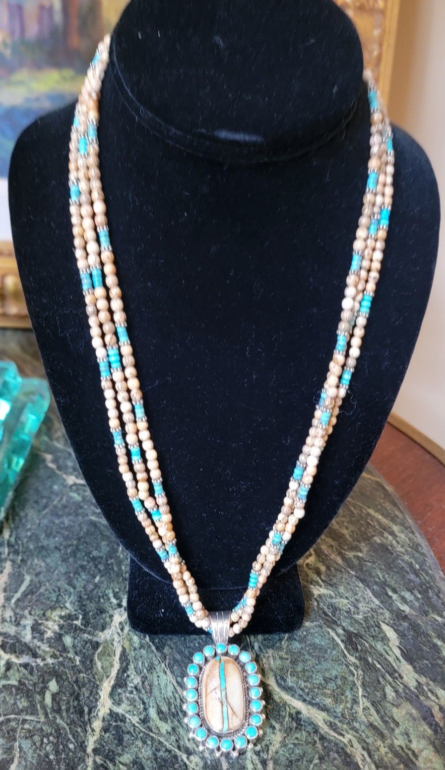 JL JOHNSON LARGO NATIVE AMERICAN NAVAJO SILVER TURQUOISE BEADED NECKLACE PENDANT