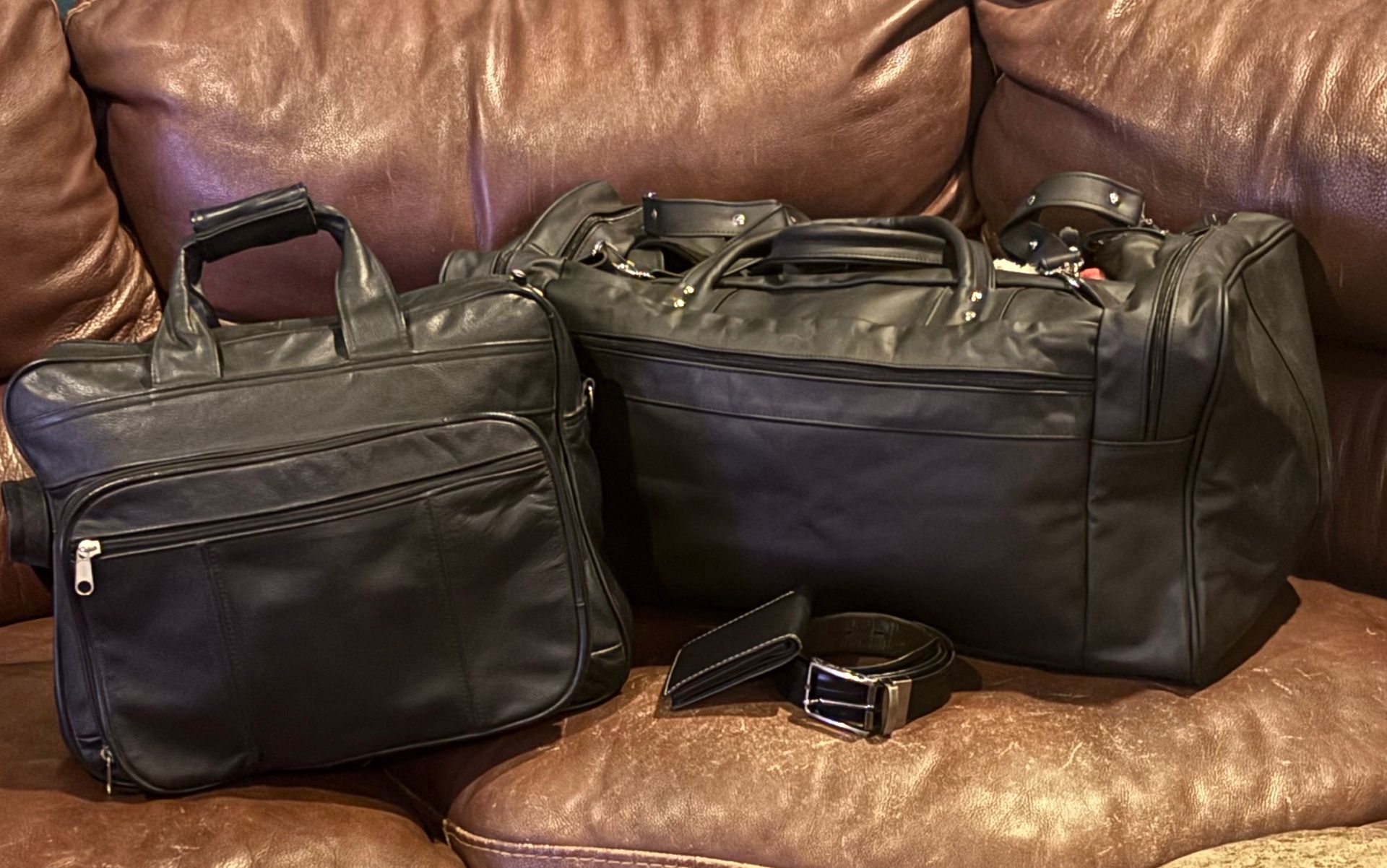 Top Grain Leather Duffel Bag, Matching Computer Bag, Matching Belt And Wallet.