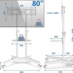 Mobile TV Cart for 23-80 Inch LCD LED Flat Panel Curved Screen TVs up to 120 lbs, Height Adjustable Shelf Rolling Floor Stand with Wheels (White)