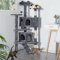 54''H Cat Tree Condo Kitten Tree Tower w/ 2 Condos & 2 Dangling Balls & 3 Scratching Posts Multilevel Indoor Cat Tree Tower for Kittens & Small/Medium