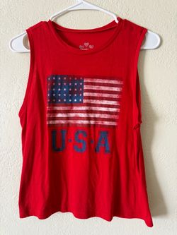 Red USA tank top with American flag graphic and 'USA' text, size L