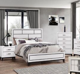 WHITE Queen Size bedroom set includes queen bed, dresser, mirror and nightstand.