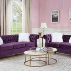 Brand New 2PC Purple Velvet Sofa and Loveseat