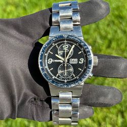 ORIS Williams F1 7563 Automatic Chronograph Black Dial Men's Watch 45mm Blue Bezel Stainless Bracelet Unpolished