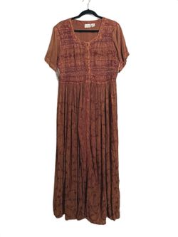 Vintage Bohemian Rustic Orange Embroidered Button-Front Maxi Dress