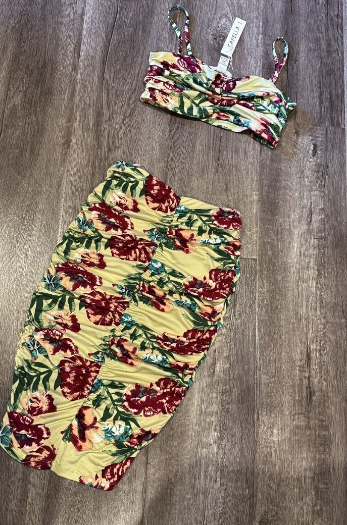Floral Crop Top Midi Rushed Skirt - Outfit- Set New Tag