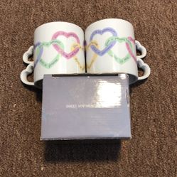 Avon Coffee Mug Set Of Two , Love Is Collectible Sweet Sentiments Double Heart Handle 10 Oz