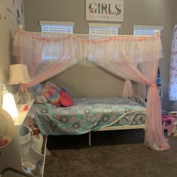 4 Post Metal Canopy White Scroll Twin Bed frame 