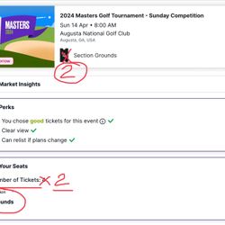 MASTERS GOLF TOURNAMENT  (Purchase Confirmation Attached) 2 TICKETS REMAINING 