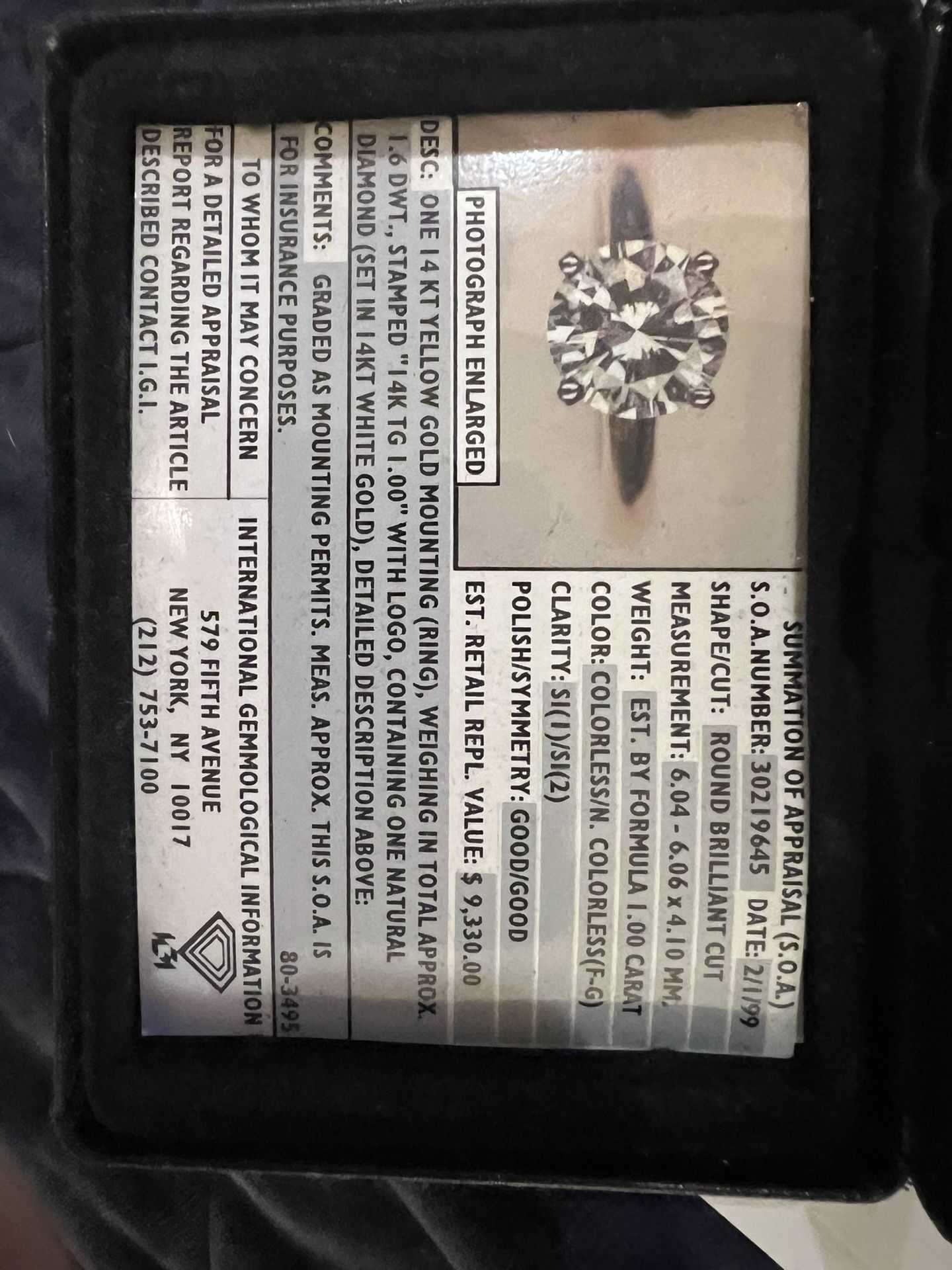 Stunning 1.00 ct Round Brilliant Diamond Engagement Ring â F/G Color, SI1/SI2 Clarity