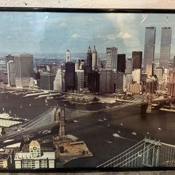 Vintage NYC Skyline Framed Print – Twin Towers – Manhattan Bridges View