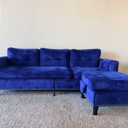 Blue Velvet L Shape Sectional Convertible Sofa w/ Storage, USB