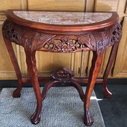 Antique Chinese Carved Wood Red Marble Entry Table $75.00