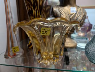 Vintage Amber Art Glass Ruffled Vase Mid Century Decorative Display Piece Decor