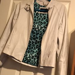 Nicole Miller White Leather Jacket Silk Lining SMALL