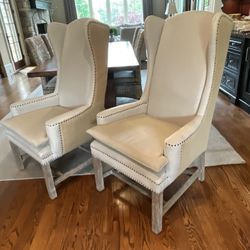 Pair Of Wingback Off-White Burlap Back Chairs