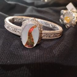 Silver Magnetic Ammolite MOP Hinged Bracelet 925 