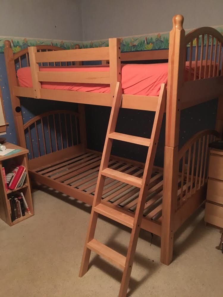 Solid maple bunk bed set. High quality materials and hardware - much better than the pine/particle board from IKEA. Easy set-up.