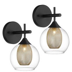 Black Wall Sconce Set of 2, Bathroom Vanity Light Fixture with Clear Glass and Honeycomb Metal Shade
