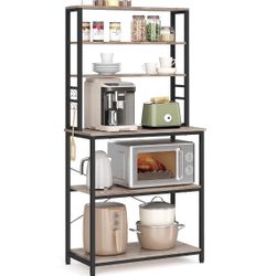 Coffee Bar, 31.5 Inches Baker's Rack for Kitchen with Storage, 6-Tier Kitchen Shelves with 6 Hooks, Microwave Stand, Industrial, Greige and Black UKKS