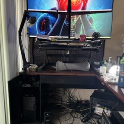 L Shaped corner computer desk office remote storage Wooden