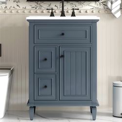 Assembled New 24” Solid Wood Frame Bathroom Vanity with Ceramic Sink Small Bathroom Sink Cabinet