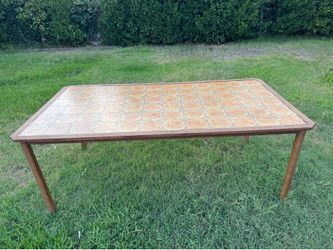 Vintage Mid-Century Modern Handmade Danish-style Hobby / Art / Dining table with a  Faux-tile Linoleum top with Walnut-Toned Frame and Legs